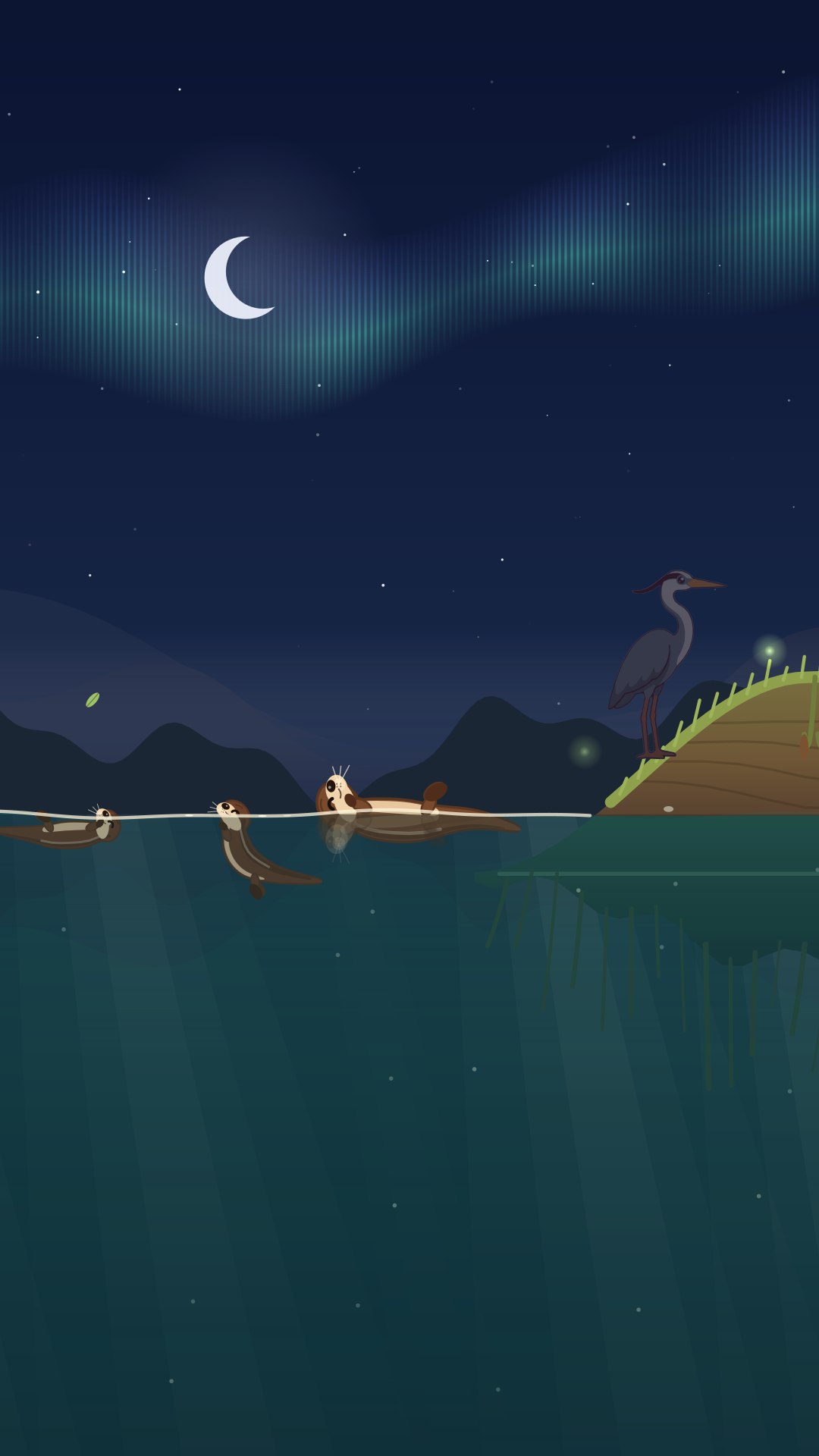 A family of otters resting on the water at night, a heron watching from the bank