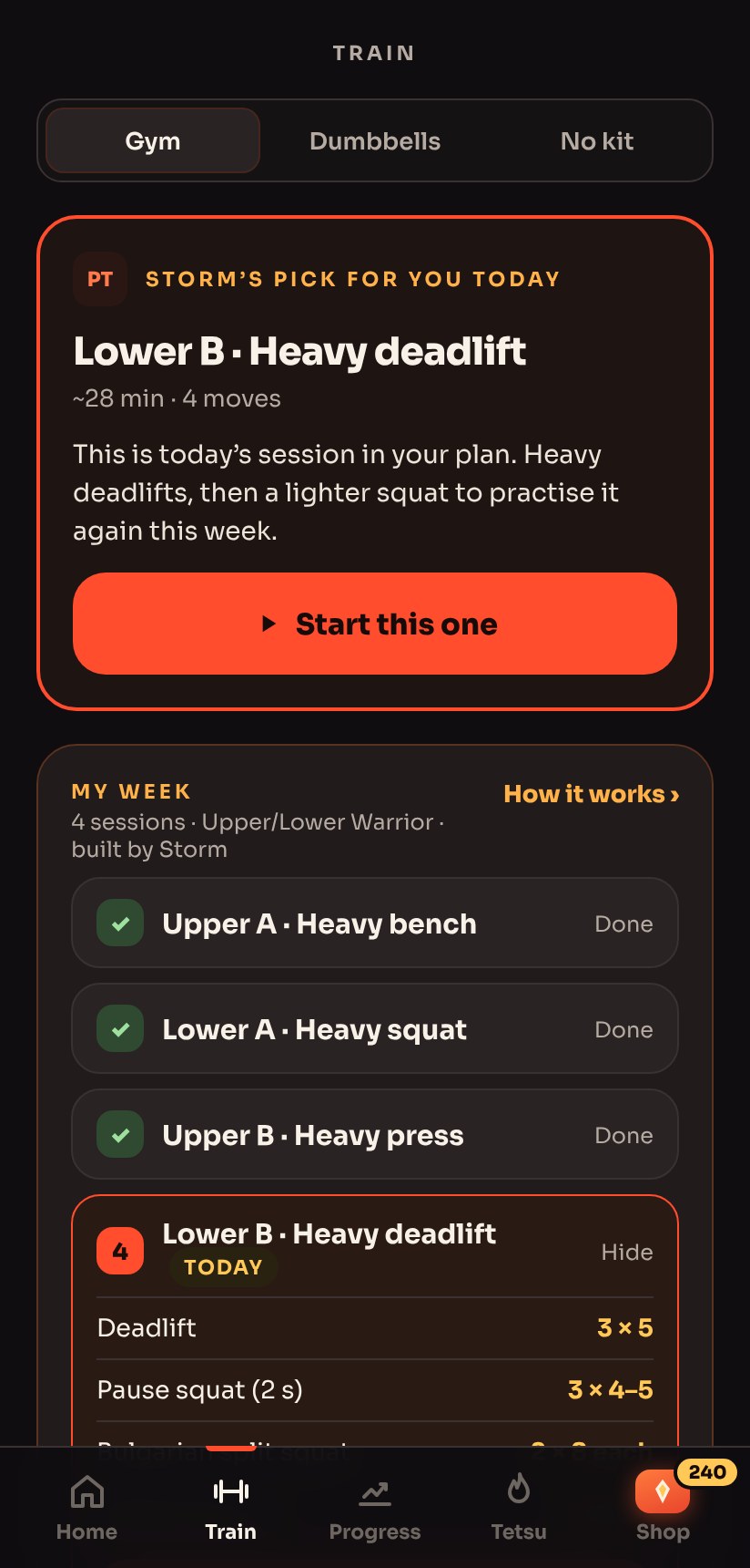 Tetsu's Train screen showing today's session, Upper B, picked by Storm